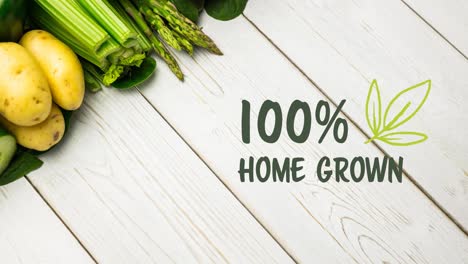 animation of home grown text in green over fresh organic vegetables on wooden boards