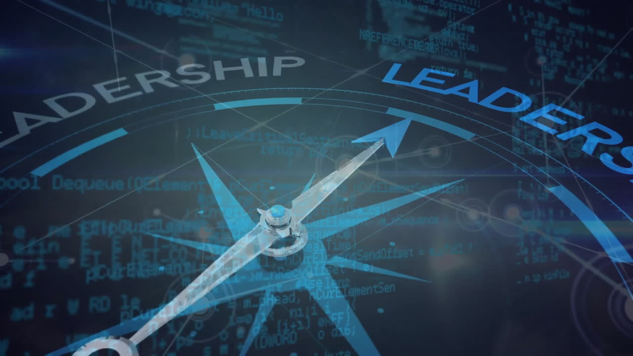 데이터 및 네트워크를 통해 리더십 텍스트를 가리키는 나침반에 있는 자기 바늘의 애니메이션