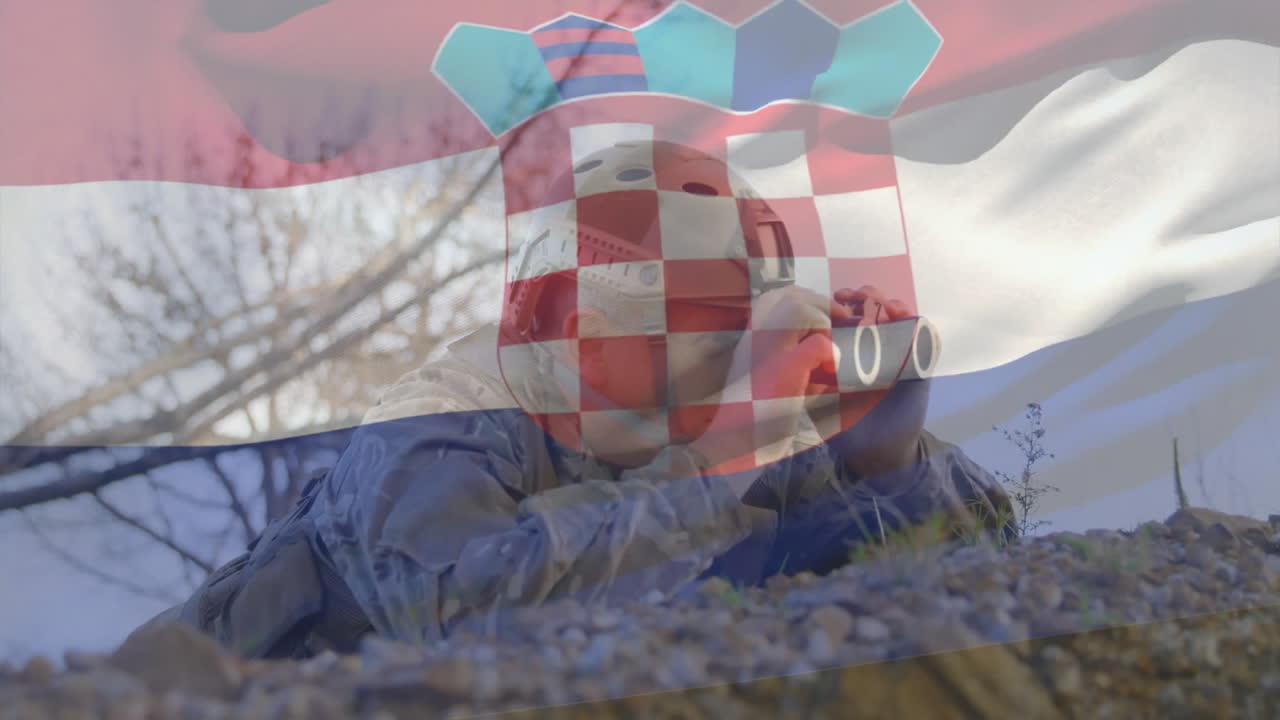 Using binoculars, soldier with Croatian flag overlay in outdoor animation scene