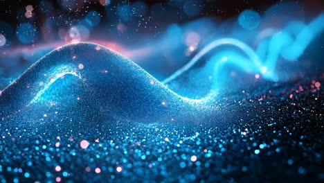 a blue and red wave with a lot of sparkles. the wave is very long and it looks like it is moving