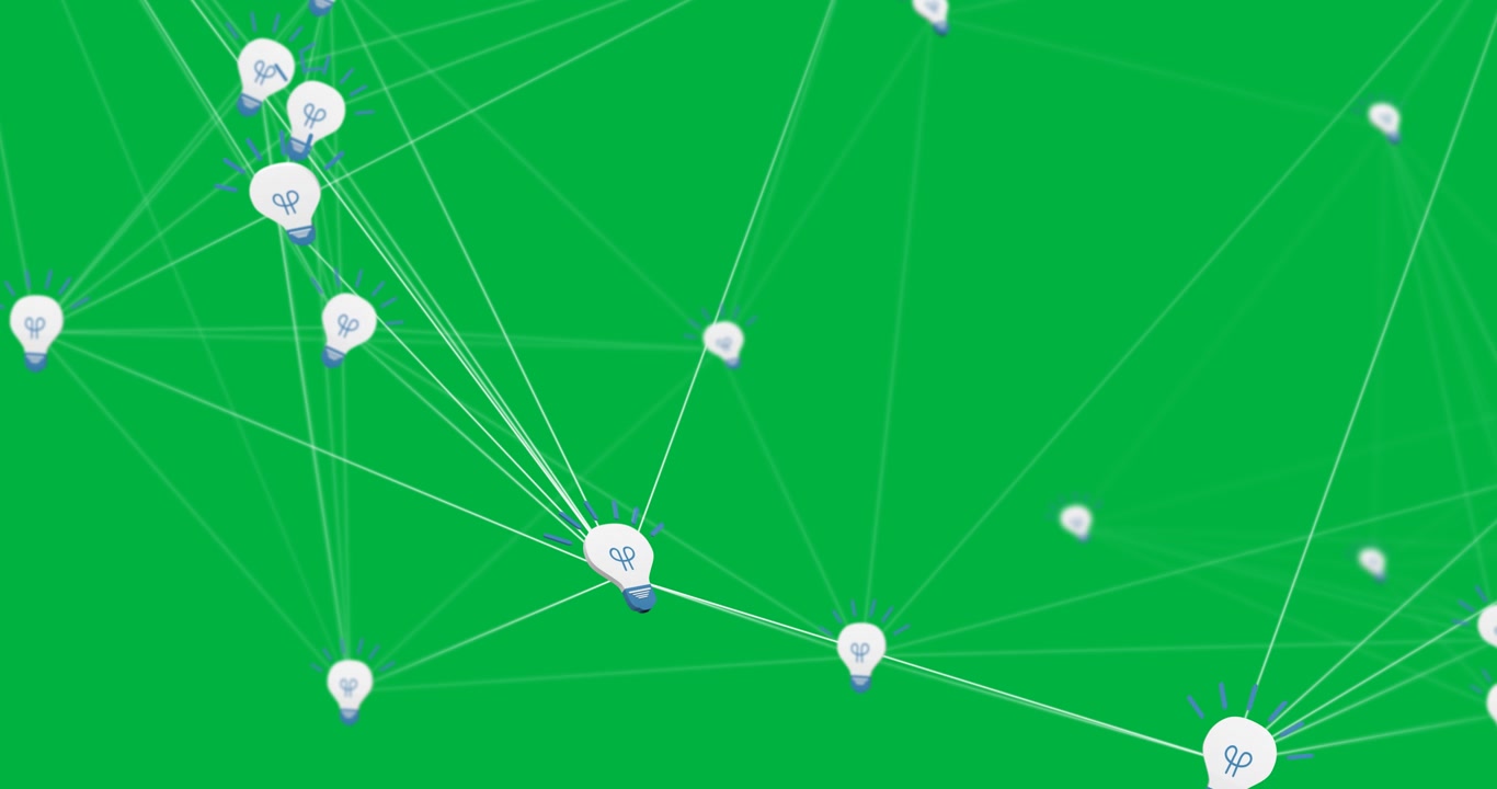 Animazione di icone di lampadine digitali bianche con rete di connessioni su sfondo nero