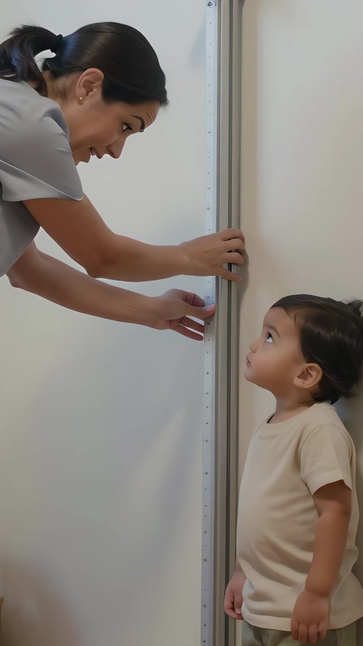 Vertical video: Positioning rod, gray-scrub nurse lowering headpiece in clinic, measuring toddler