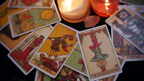 a close up of mystical tarot deck of cards is displayed in a rotation