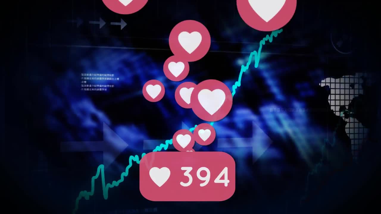 animación de iconos y números de redes sociales sobre estadísticas y procesamiento de datos