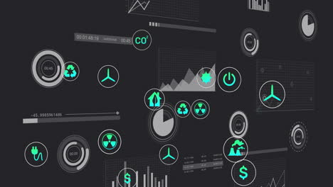 displaying animation of environmental and energy icons, digital dashboard in school setting