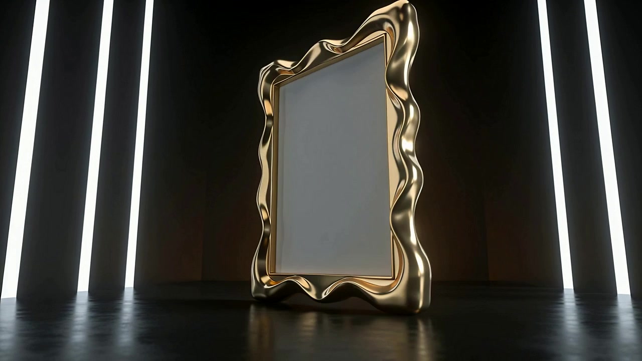 Inizio clip, cornice dorata ornata che ruota, rivelando un pannello vuoto su un pavimento lucido con colonne di luce.