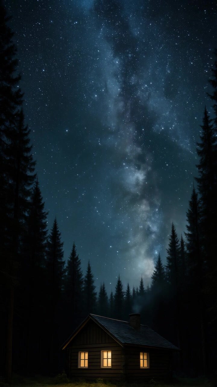 Accogliente baita in una foresta buia sotto un cielo stellato della Via Lattea