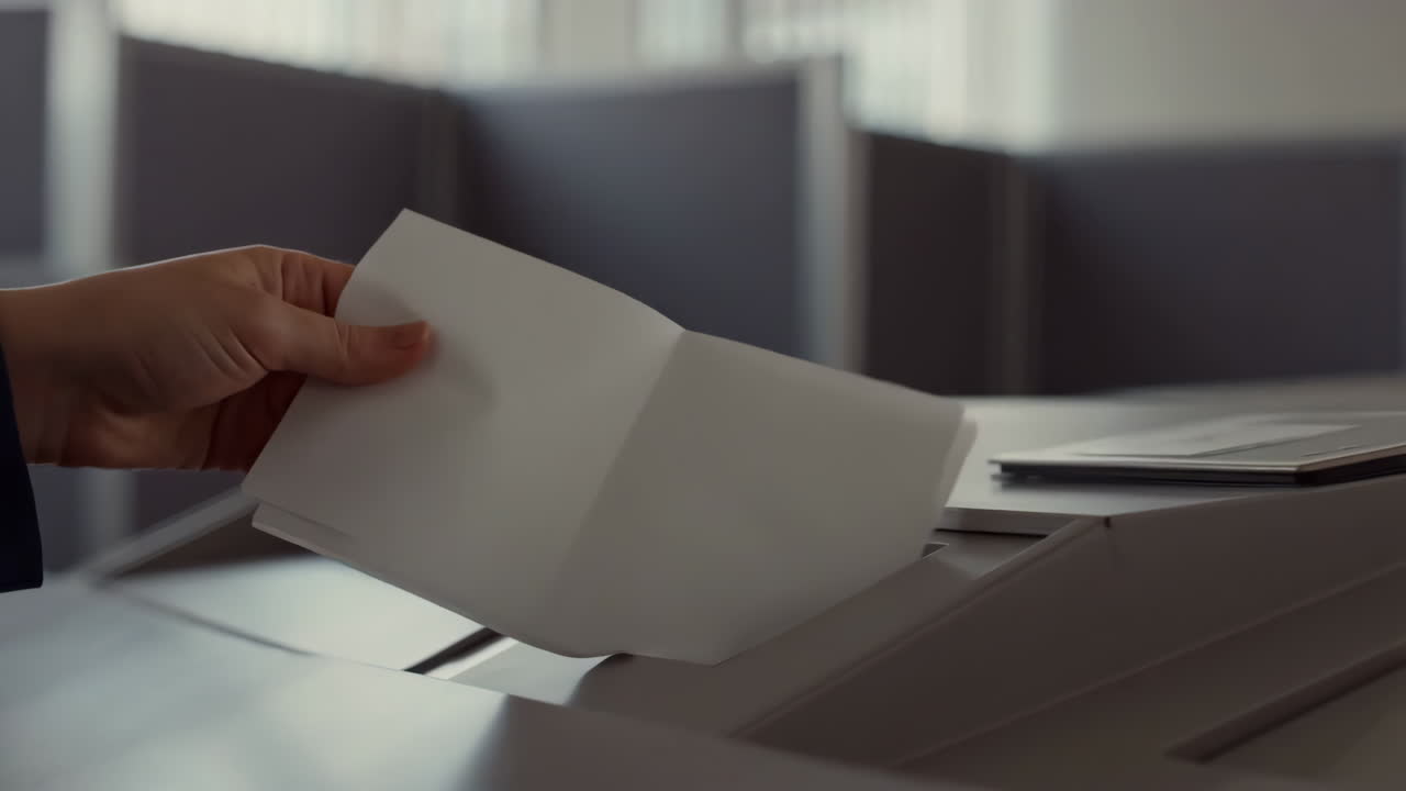 A hand casts a ballot into a voting box