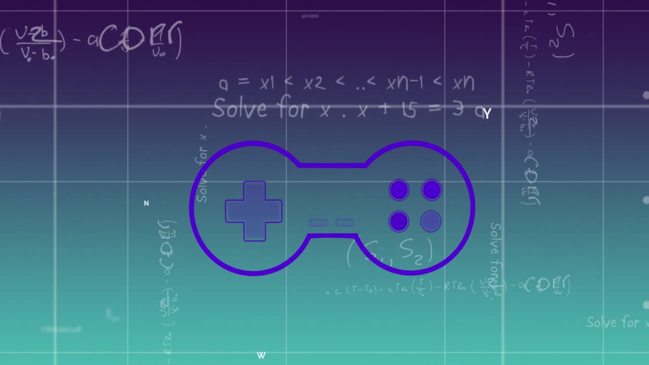 animación del gamepad sobre ecuaciones matemáticas en fondo azul