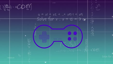 Animation-of-gamepad-over-mathematical-equations-on-blue-background