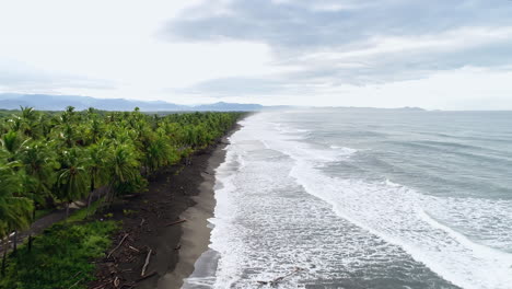 Aerial-shot-moving-down-driftwood-covered-Costa-Rica-beach-Pacific-ocean,-4K