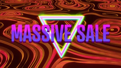 Animation-of-massive-sale-text-in-glowing-purple-letters-over-neon-triangles-and-red-lines