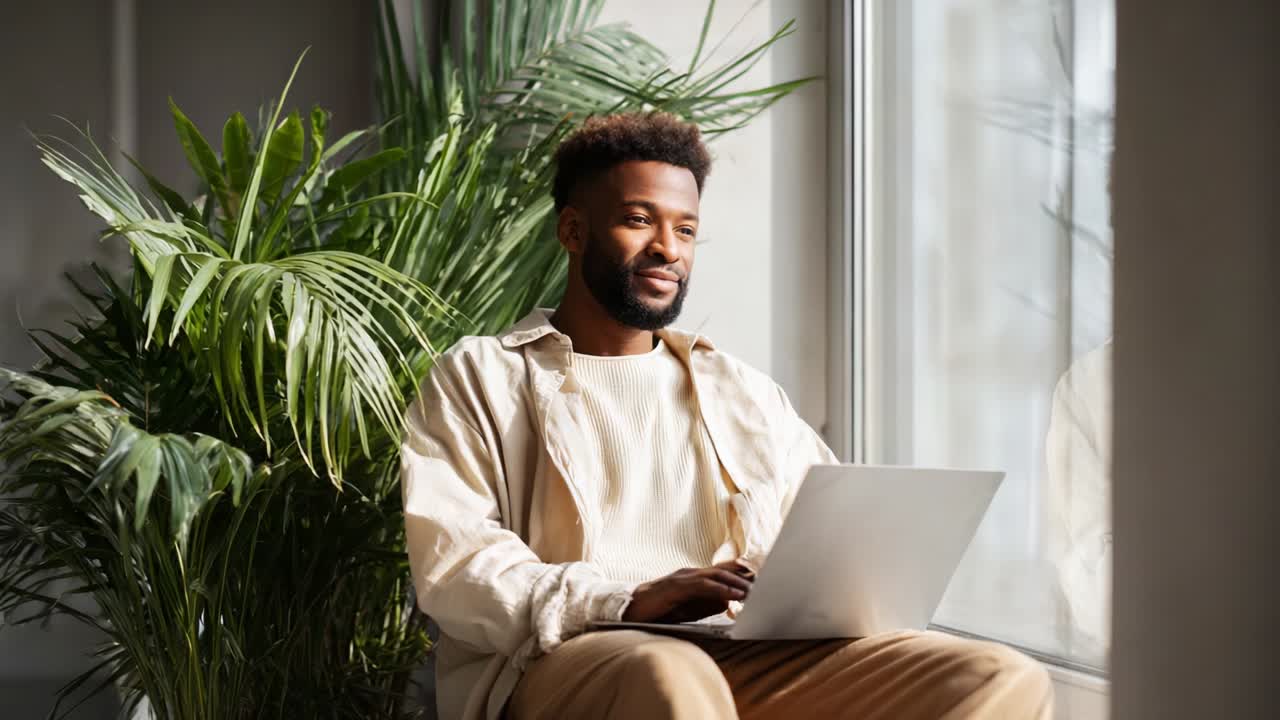 A calm and focused individual sits comfortably by a window, engaging with a laptop, surrounded by lush greenery, reflecting tranquility and productivity in a serene indoor environment