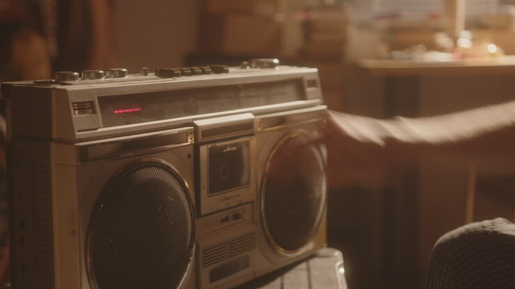 giovane triste che accende la musica su un boombox retro in una stanza illuminata dal sole