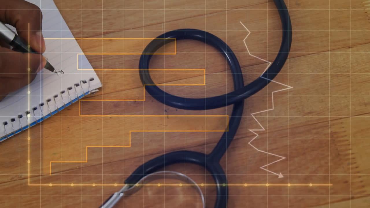 Animation of diagram over biracial female doctor writing