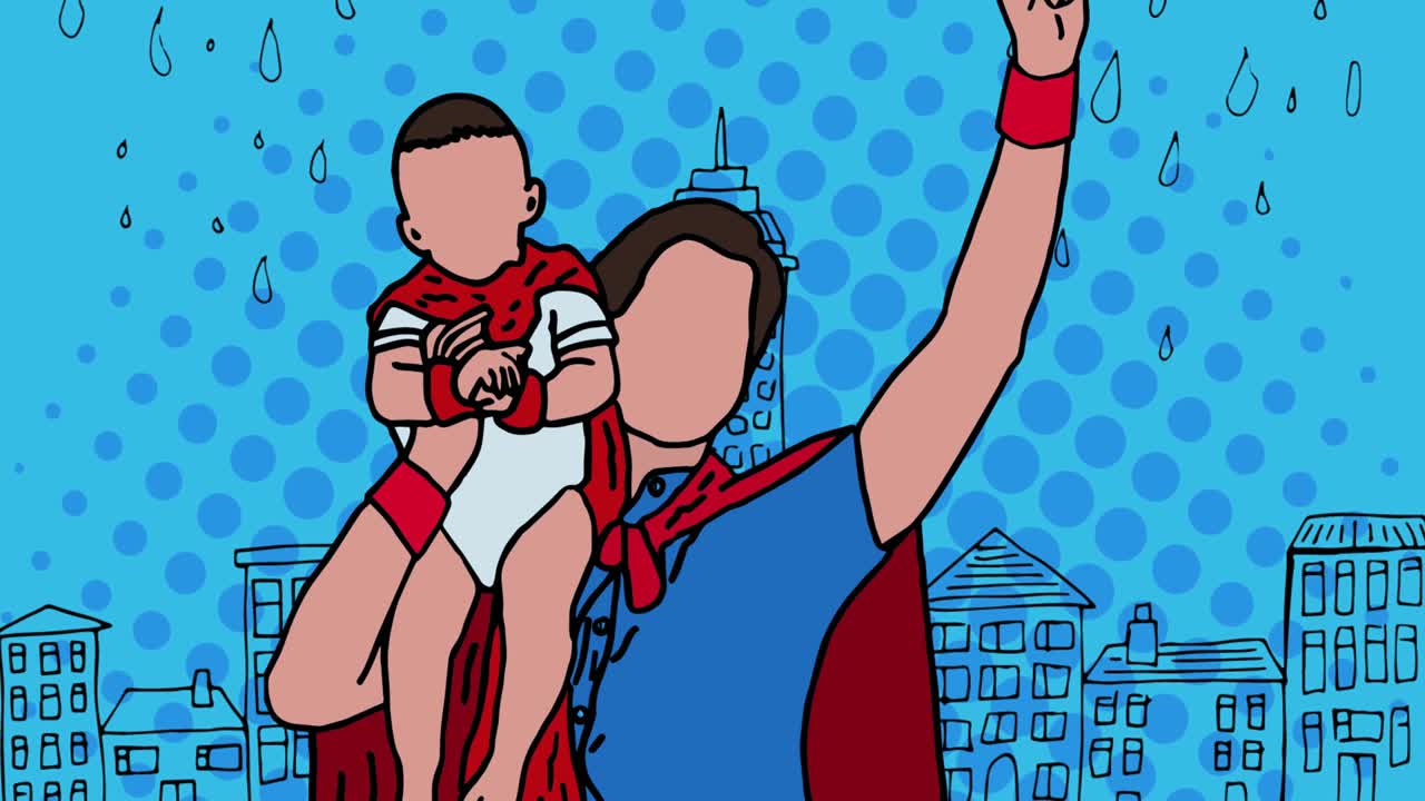 animación de la familia de superhéroes juntos sobre un fondo azul