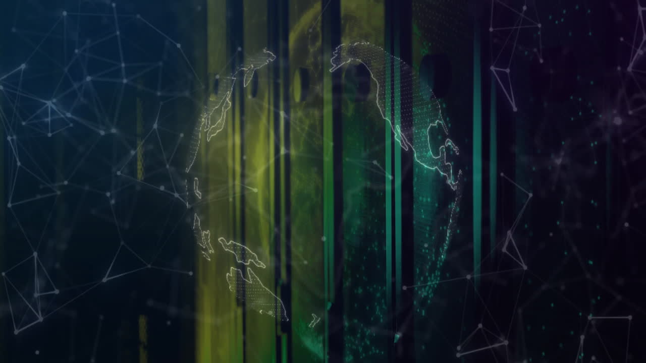Animating digital globe and network connections over vertical lines and abstract background