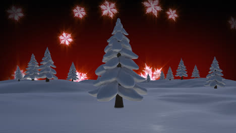 Animation-of-snow-falling-over-trees-on-red-background