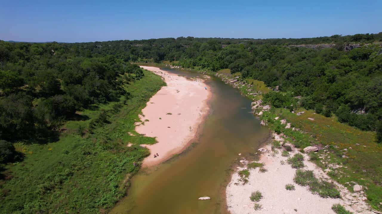 Aerial video of the Pedernales River in the Reimer's Ranch Park in Dripping Springs Texas