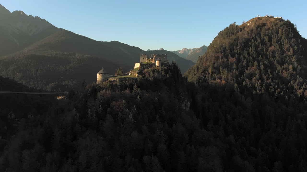 Aerial drone shot of the ruins of Ehrenberg, an ancient castle in Reutte Tyrol Austria.