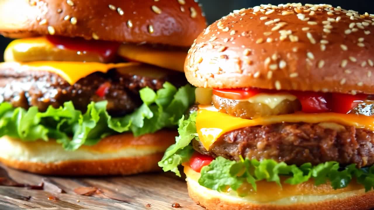 dos hamburguesas con lechuga, tomate y queso en una mesa de madera