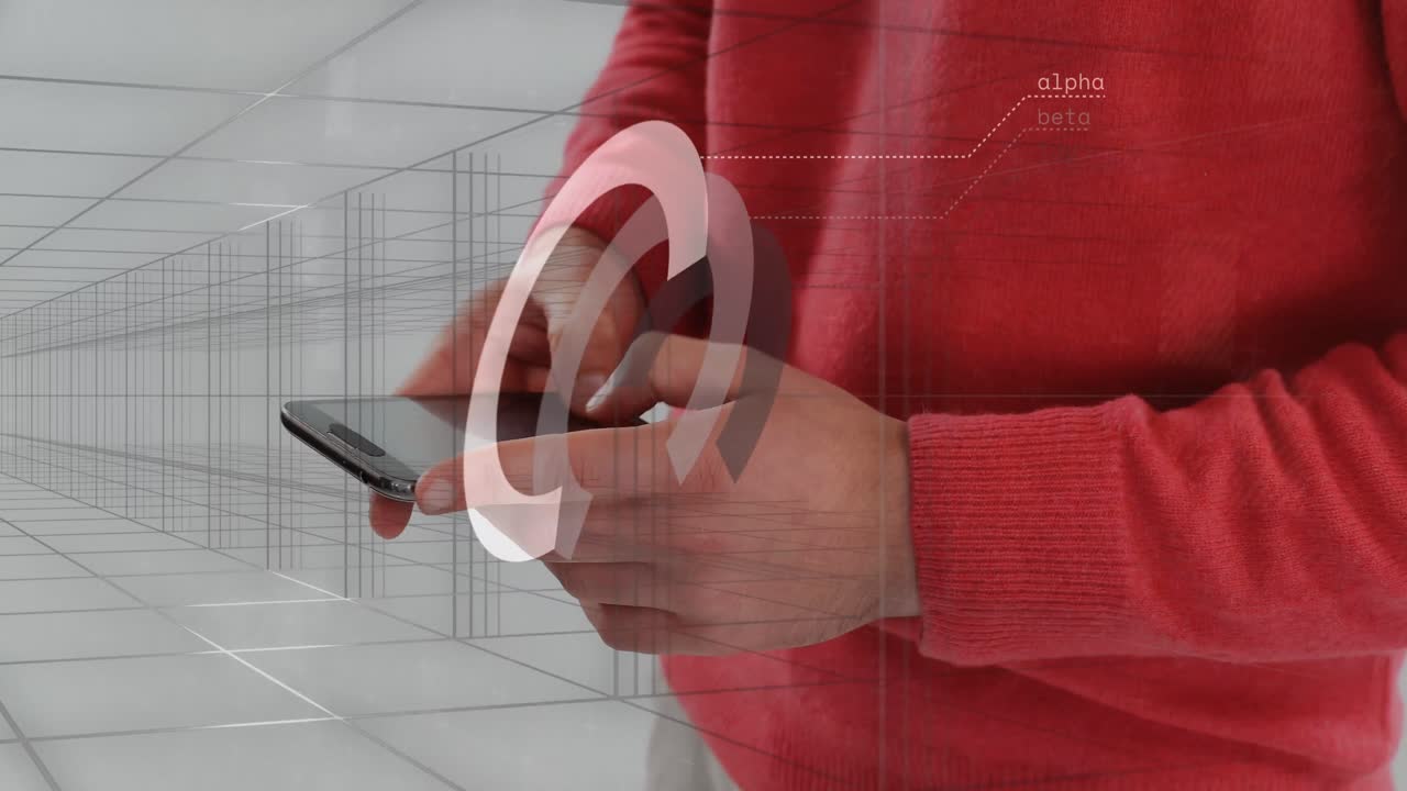 анимация обработки финансовых данных над кавказским бизнесменом с помощью смартфона