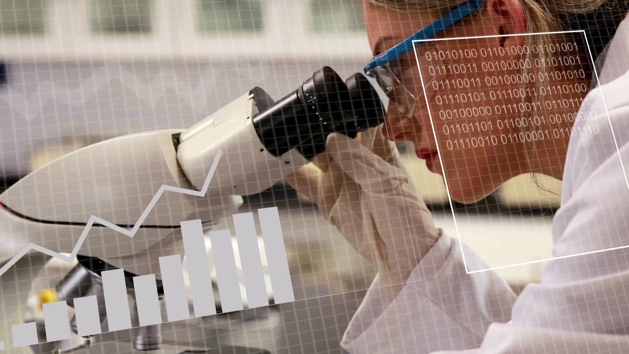 Female scientist leaning into microscope, adjusting eyepiece, activating data overlays for analysis
