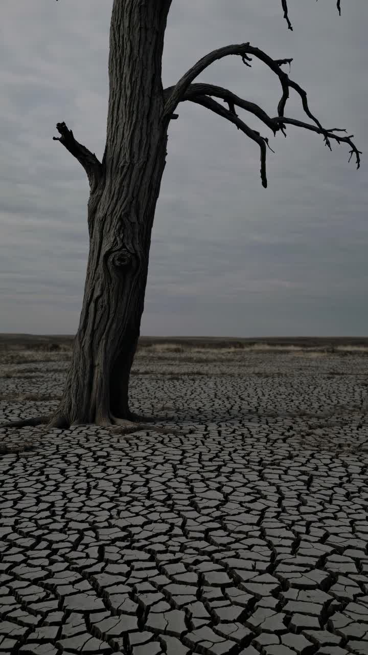 A solitary tree stands on cracked earth under a cloudy sky, captured from a low angle