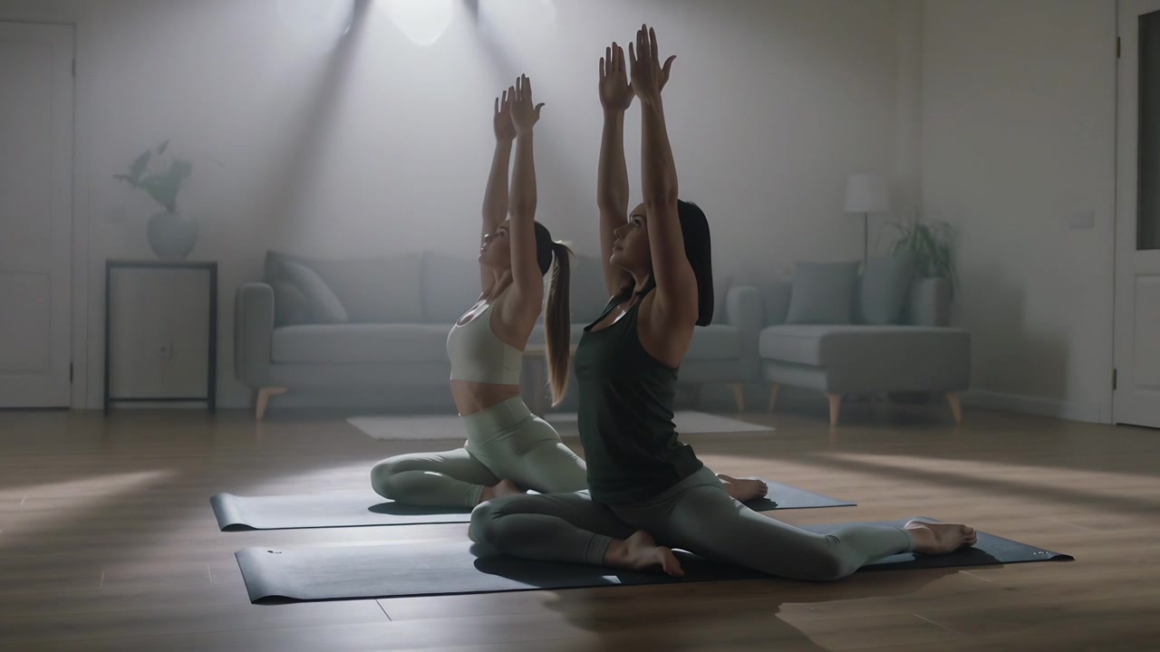 Inhaling two yoga partners in sportswear lifting arms in living room on mats, lengthening spines