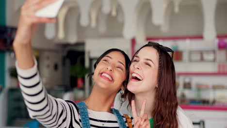 women, silly selfie and happy friends