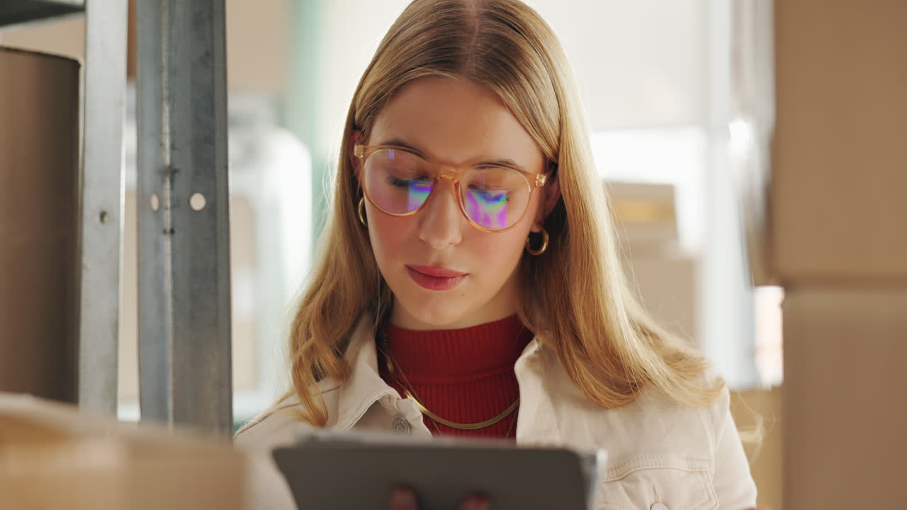 Woman using tablet in warehouse