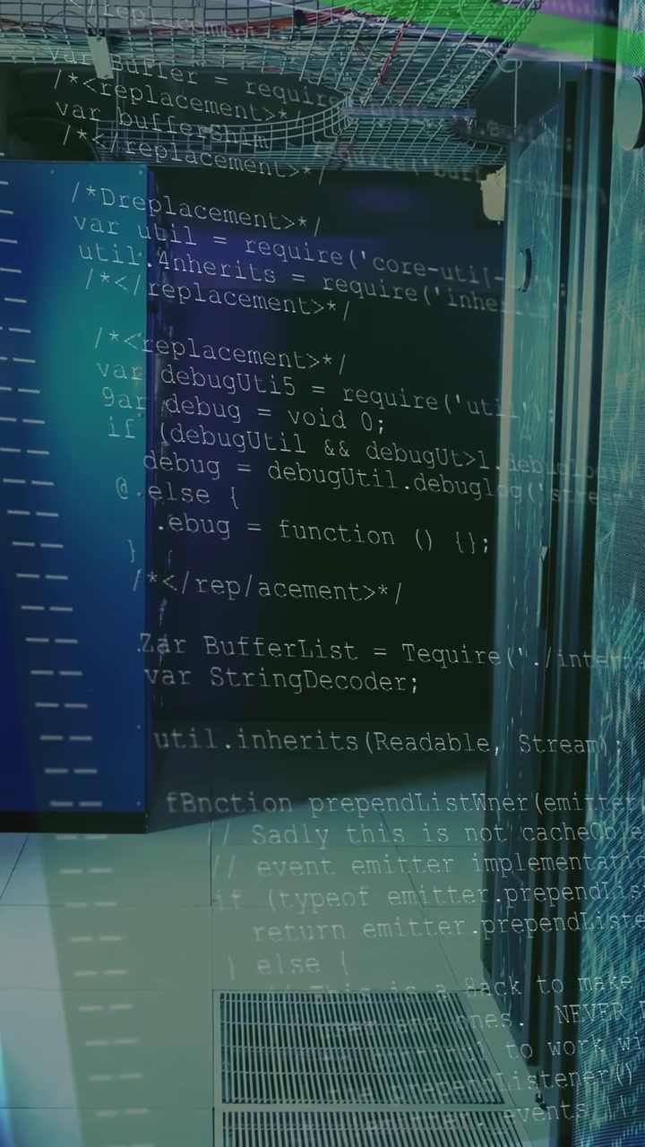 Vertical video: Camera pushing down rack aisle, starting racks showing code scroll to display data