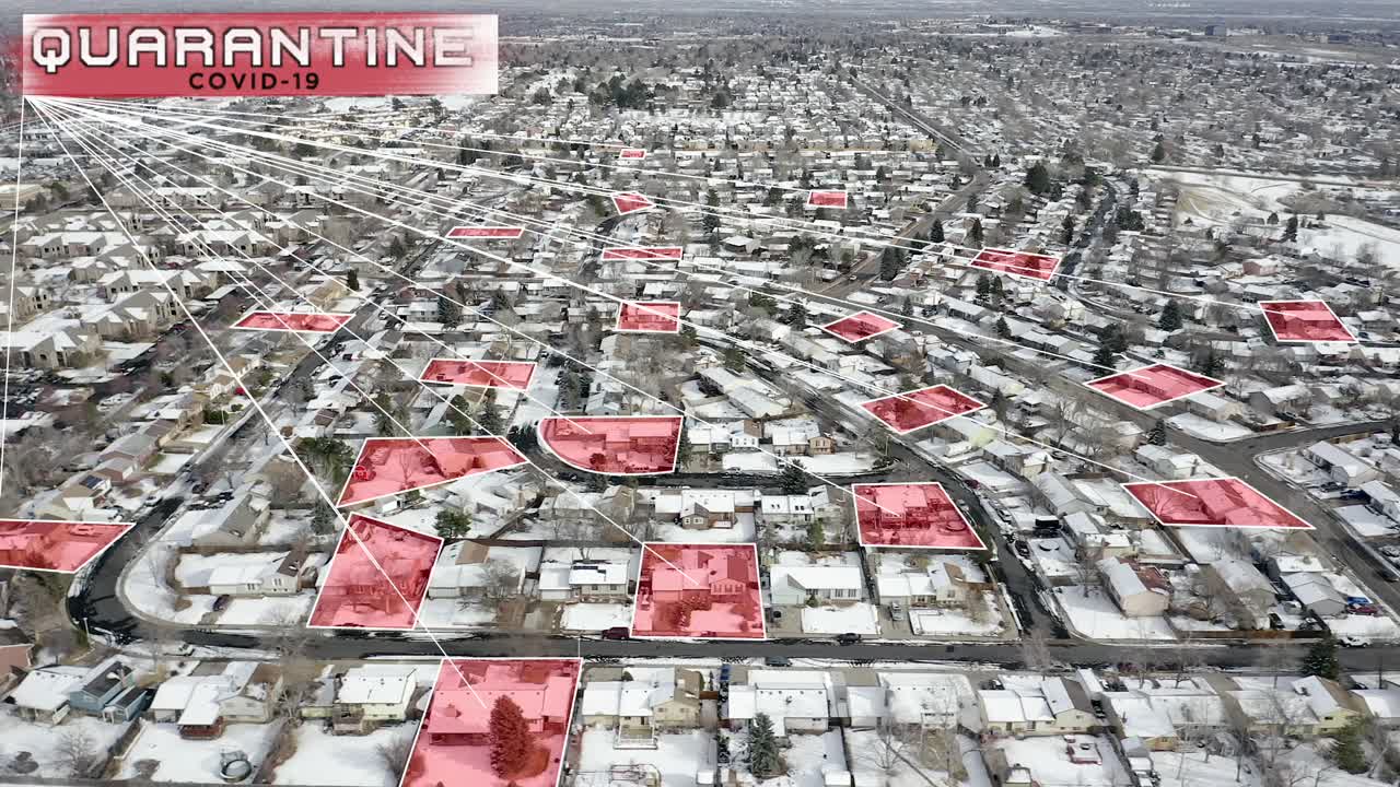 Aerial view of a neighborhood with Motion Graphic displays a hypothetical quarantine.