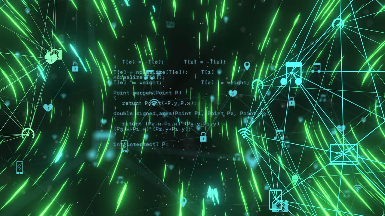 Globe of digital icons and light trails against black background