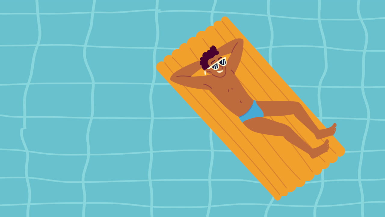 man relaxing in white mat on the pool animation