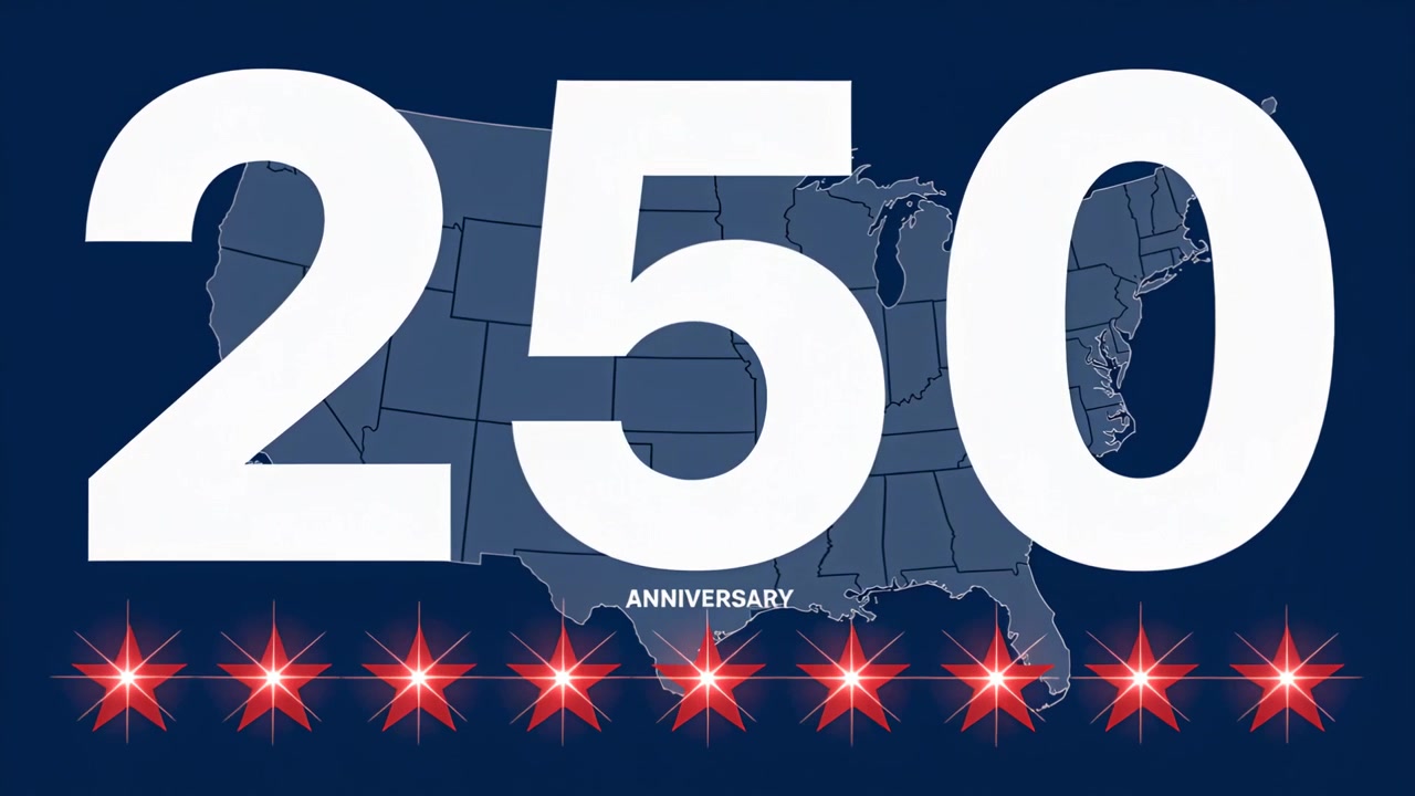 Numeri bianchi animati 250 su una mappa degli Stati Uniti che brillano muovendosi lungo le stelle, accendendo esplosioni e segnando una pietra miliare.