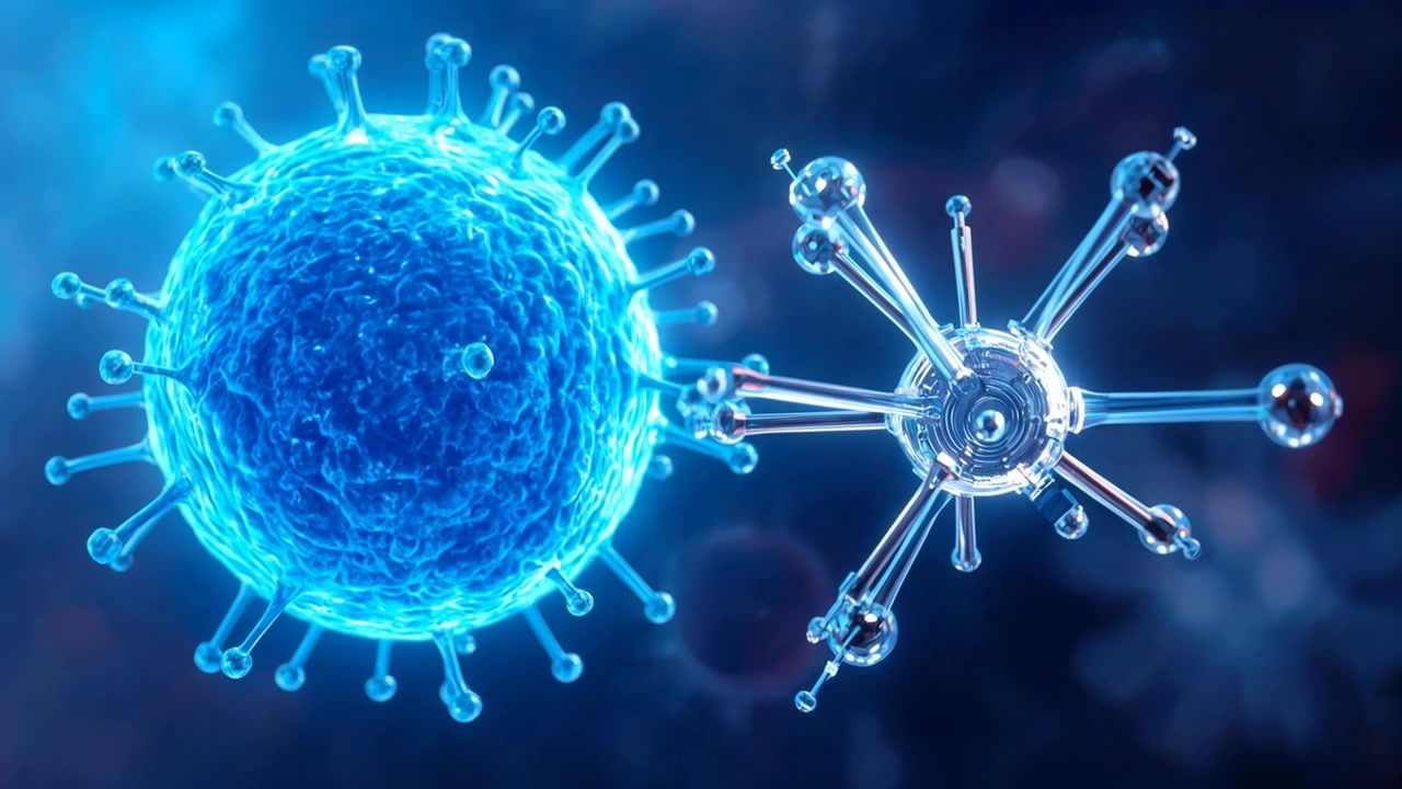 Roterende metalnanopartikel initierer kontakt med glødende blå pigget sfære i mikroskopisk væske.