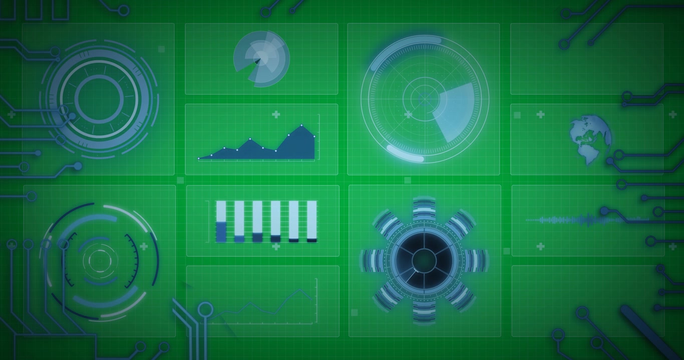 Animation of scope scanning and statistics recording with blue computer circuit board elements