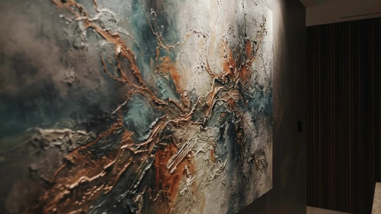 Kamera začínající pod úhlem se pohybuje podél haly, odhaluje texturované plátno pod světly a ukazuje impasto.