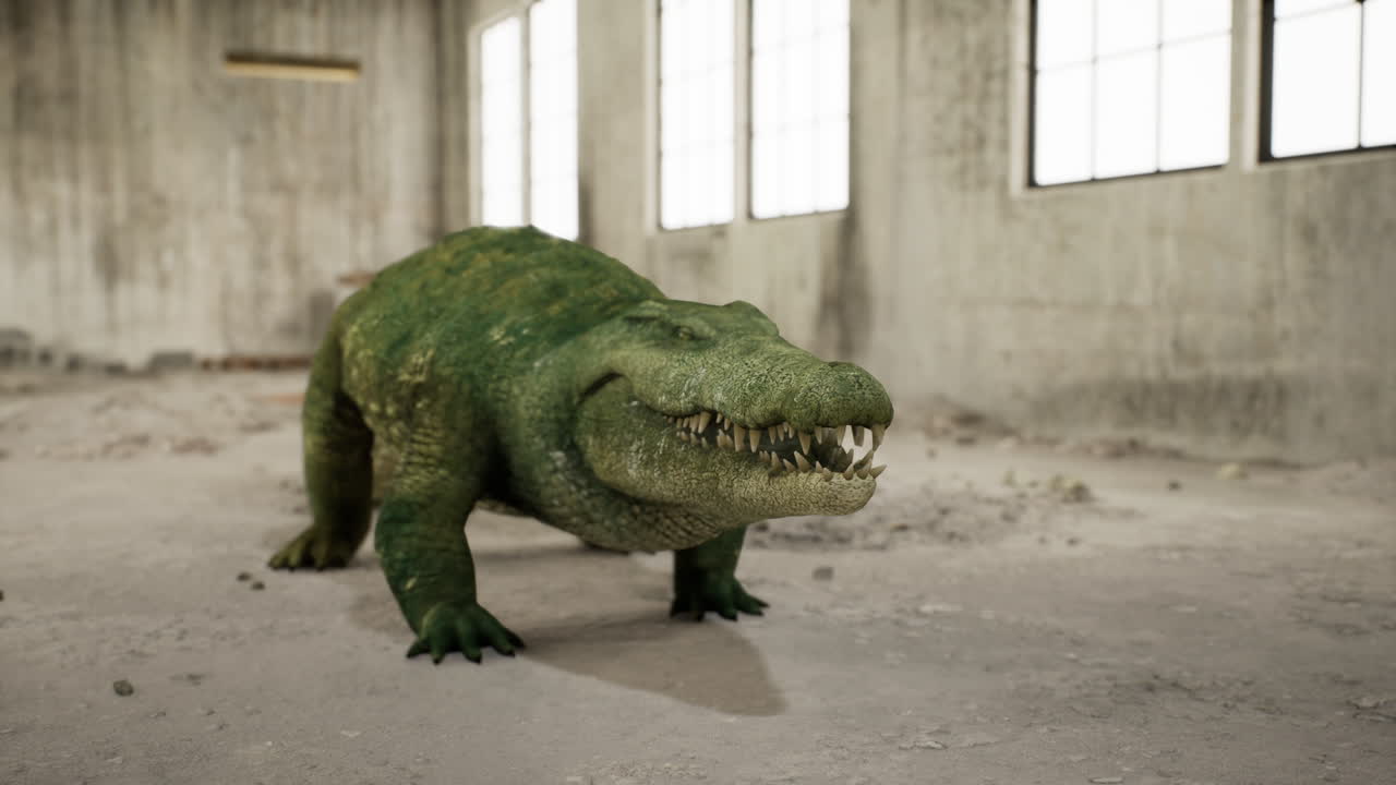 버려진 창고 에 있는 초록색 악어