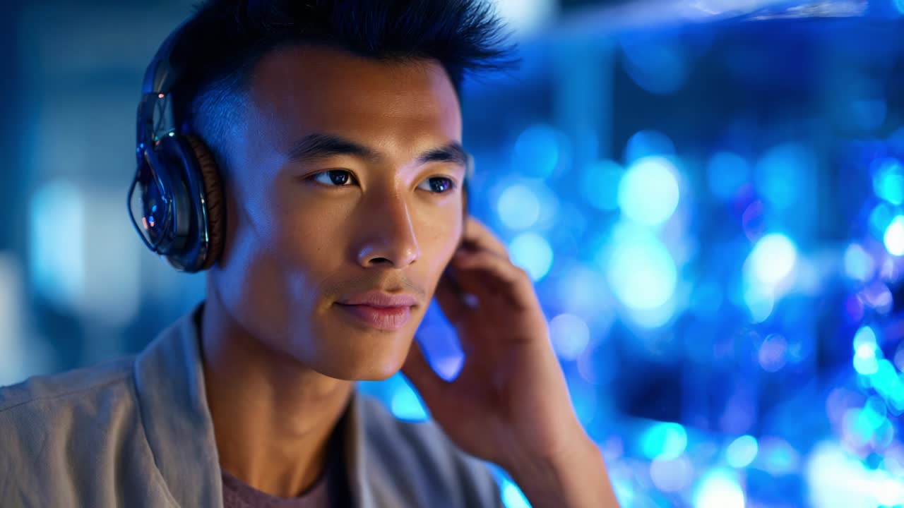 ชายหนุ่มคนหนึ่งเพลิดเพลินกับเสียงเพลงโดยใช้หูฟังในสภาพแวดล้อมที่มีแสงสว่างสดใส แสดงให้เห็นถึงสีหน้าที่มุ่งมั่นของเขา สภาพแวดล้อมโดยรอบเปล่งประกายด้วยโทนสีฟ้าที่สื่อถึงบรรยากาศที่ผ่อนคลายแต่ดึงดูดใจ