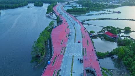 drone footage of a riverside road with cars, pedestrians, and mangroves surrounded by water in the philippines. great for transportation, travel, and environmental projects