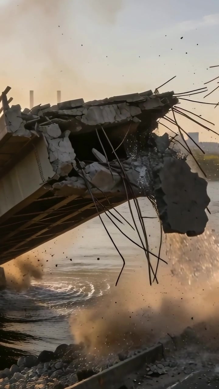 Video verticale: Acqua che fuoriesce da una breccia, campata di ponte crepata che crolla nel fiume.