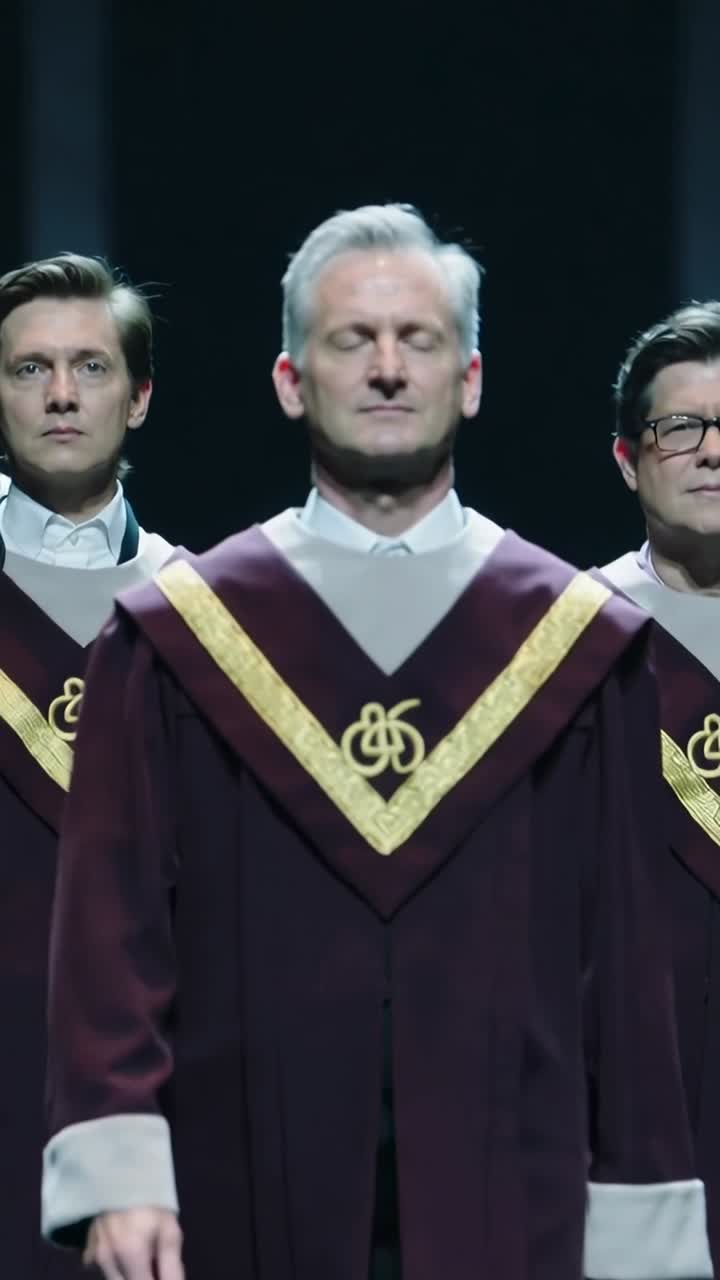 Video verticale: Zoom della telecamera, un membro del coro centrale che avanza sul palco, con vesti color bordeaux per enfasi.
