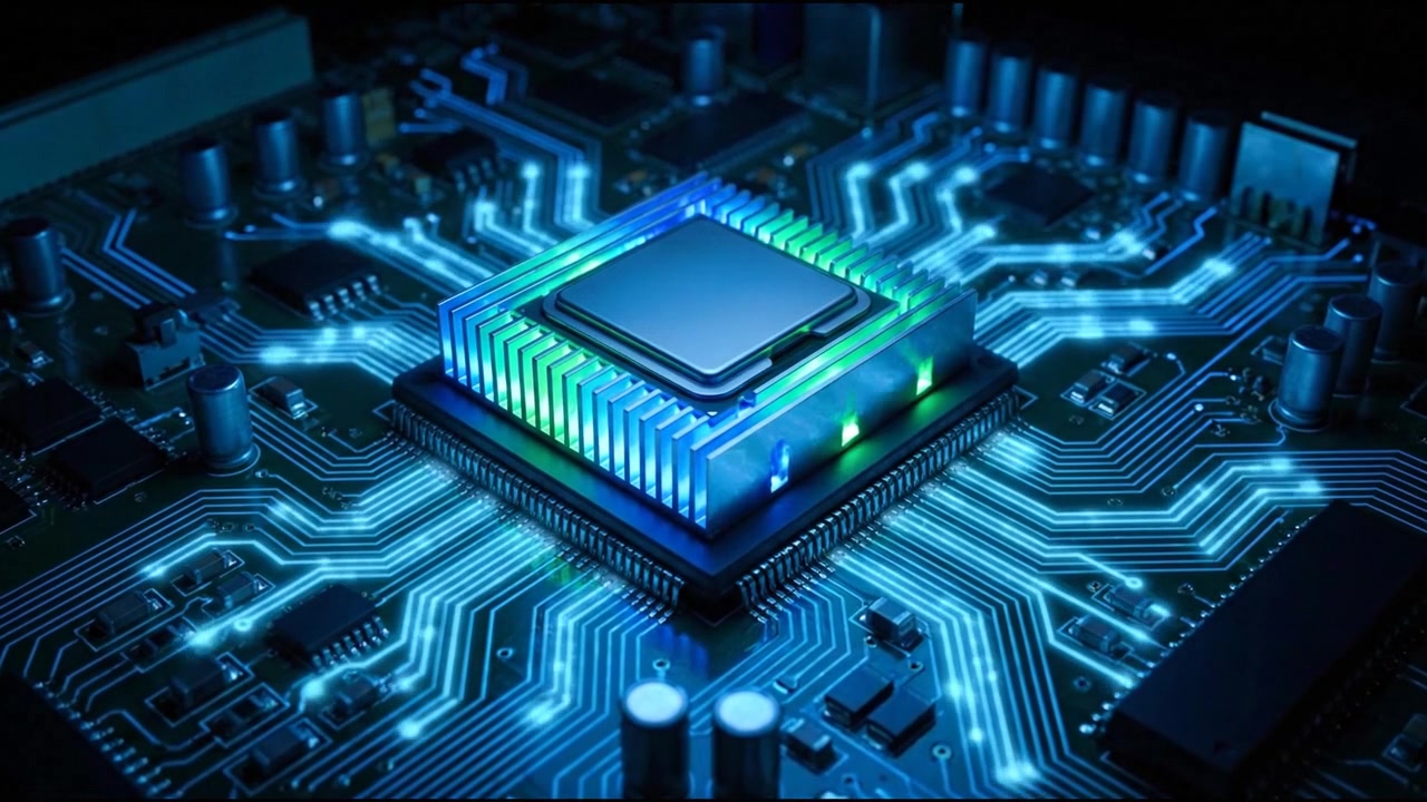 Green processor chip glowing across detailed blue motherboard circuitry