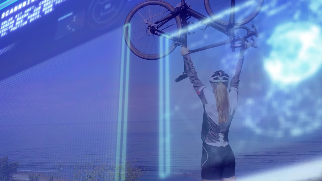 animación del procesamiento de datos sobre una mujer caucásica que lleva una bicicleta.