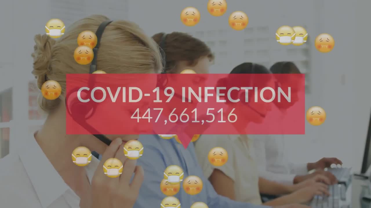Animation of emojis with face masks falling over business people wearing phone headsets