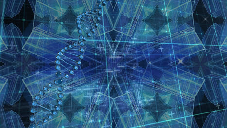 Animation-of-spinning-dna-strand-over-kaleidoscopic-shape