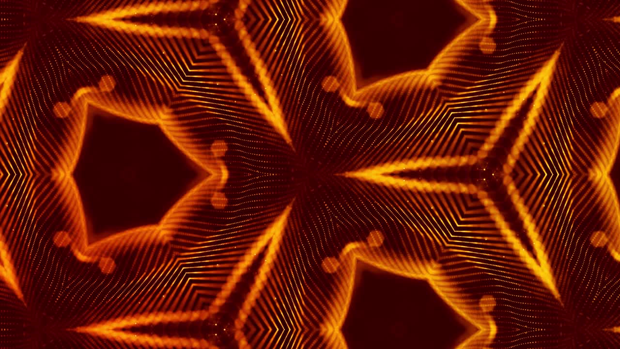 3D 4K partiklar kalejdoskopisk abstrakt bakgrund. Mjuk loopad animation med sci-fi-tema. Guldlyxpartiklar bildar komplexa strukturer och mönster.
