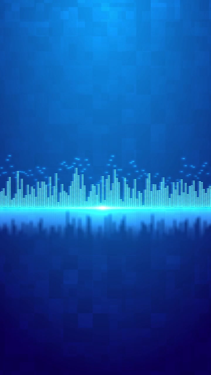 Blue audio equalizer wave background glowing bars mirrored reflection pixel blocks floating light
